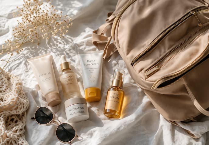 Best spring travel essentials for a glow reset including skincare products, sunscreen, and a lightweight backpack in soft natural light