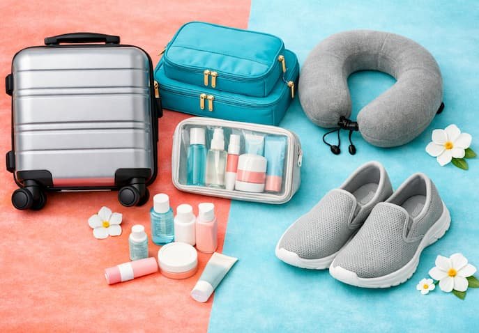 A flat lay of premium travel essentials, including a suitcase, packing cubes, a skincare kit, a neck pillow, and Skechers shoes, arranged on a coral and aqua background