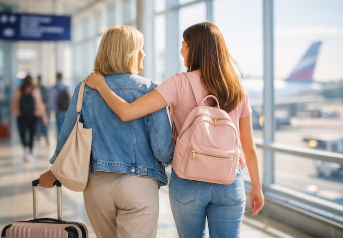 Mother and daughter walking side by side through the airport terminal with sunlight streaming through large windows, carrying luggage and backpack in blush and blue tones