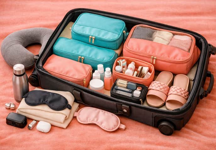 An open suitcase with turquoise and coral packing cubes, neck pillow, sleep mask, and travel comfort essentials arranged neatly on the coral surface for moms