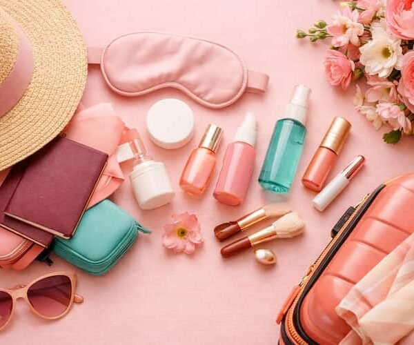 Mother’s Day travel gifts with luggage, skincare minis, a sun hat, and flowers for moms who value comfort