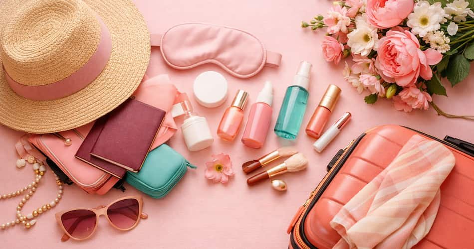 Mother’s Day travel gifts with luggage, skincare minis, a sun hat, and flowers for moms who value comfort