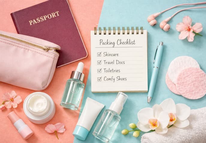 A flat lay of travel essentials including passport, pouch, skincare minis, and packing checklist arranged on pastel pink and blue background for moms