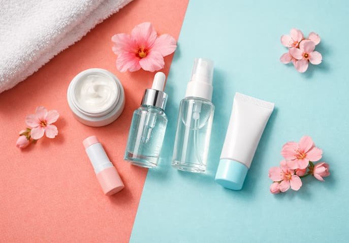 A flat lay of travel skincare minis including moisturizer, serum, mist, and sunscreen arranged on coral and aqua background with flowers