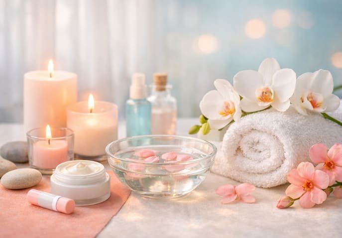 A spa retreat scene with candles, orchids, and soft daylight glow in aqua and blush tones for Mother’s Day travel gift guide