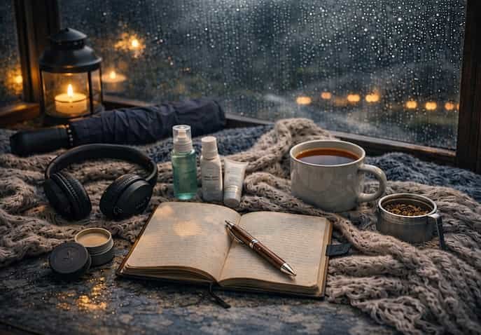  Cozy rainy travel essentials with journal, tea, skincare essentials, umbrella, and headphones beside a misty window for a slow travel experience