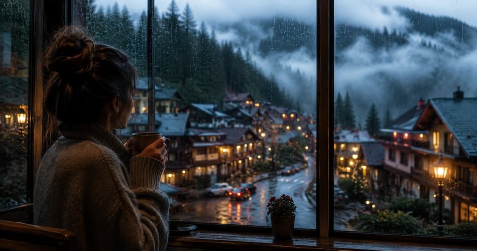 A traveler holding coffee beside a rainy café window overlooking misty mountains during a slow travel journey