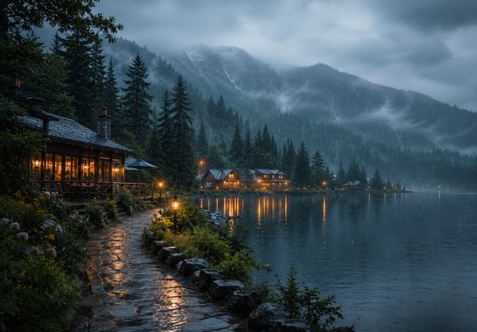 Peaceful rainy lakeside scene with gentle rainfall, glowing cabin lights reflecting on water, pine forests, and a winding path representing emotionally healing rainy travel destinations