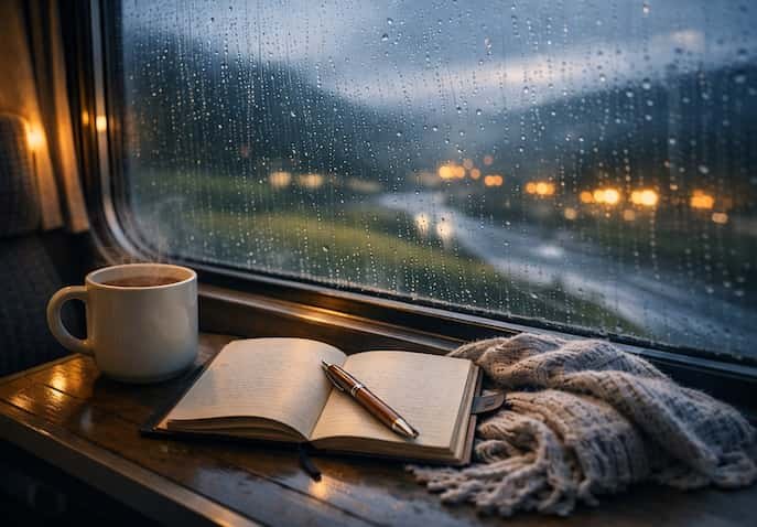 A rainy train window scene with a steaming coffee mug, an open travel journal, scarf, raindrops on glass, blurred countryside fields, and city lights — nostalgic slow travel mood.