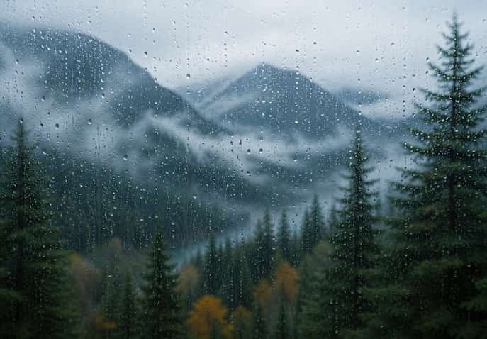 Raindrops on a window overlooking misty pine forests and distant mountains during a peaceful, slow travel and emotional healing experience