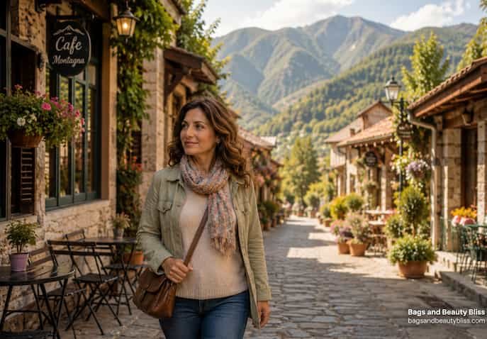 A confident woman in her late 40s walks through a charming mountain town filled with cafés, flowers, and scenic views, symbolizing healing, independence, and solo travel after divorce.