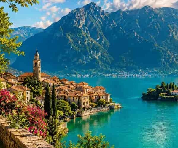Peaceful mountain lake village view representing how travel can help you heal after a difficult year