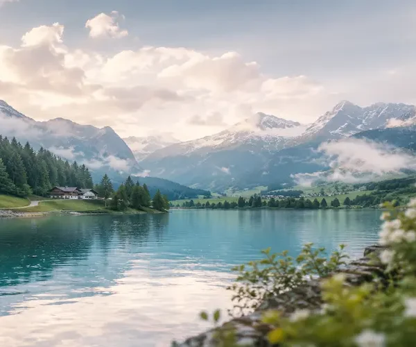 Peaceful cool-weather mountain lake destination with misty mountains, calming water, and a healing travel atmosphere