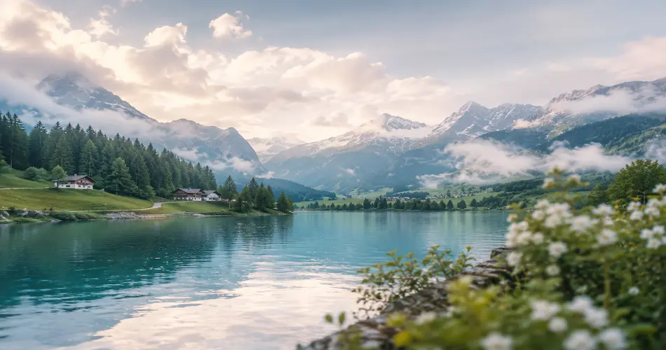 Peaceful cool-weather mountain lake destination with misty mountains, calming water, and a healing travel atmosphere