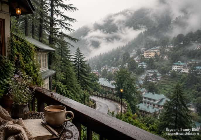 A cozy balcony overlooking mist-covered pine forests and colonial hillside homes in Dalhousie, India, with a warm cup of tea creating a peaceful and emotionally healing mountain escape.