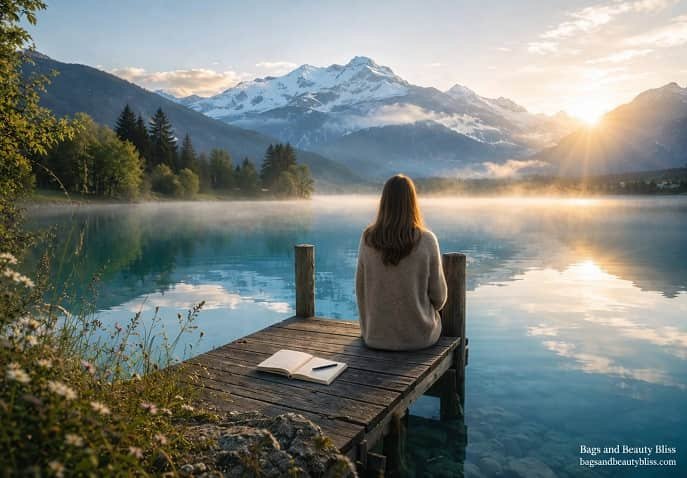 Girl sitting on wooden dock by misty alpine lake at sunrise, gazing at snow‑capped mountains with open journal and pen beside her — cinematic travel image symbolizing reflection and emotional healing. 
