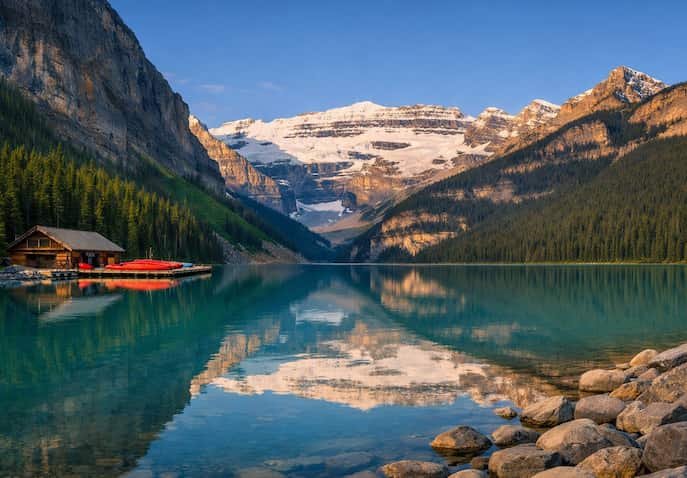 Clear turquoise Lake Louise in Banff National Park, Canada with snow‑capped Rocky Mountains, pine forests, and golden morning light reflecting on calm water
