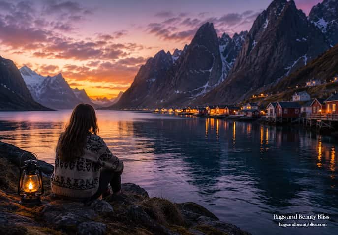 A woman sitting beside a peaceful fjord in the Lofoten Islands, Norway, watching a glowing Arctic sunset surrounded by dramatic mountains and quiet fishing villages, creating a calming burnout recovery travel experience.