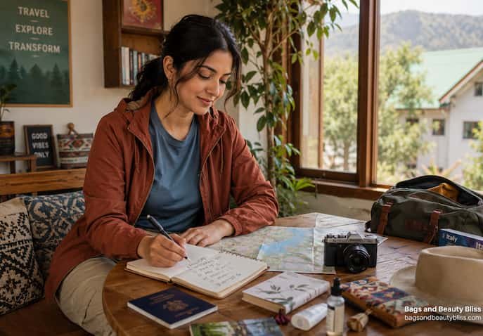 A young woman planning her solo trip after divorce writes in a travel notebook with a map, camera, passport, and travel essentials nearby, representing confidence, flexibility, and mindful solo travel preparation.