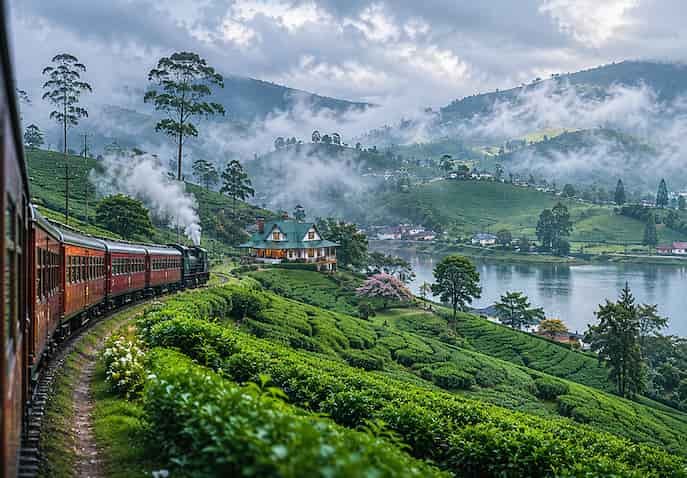 Scenic train journey through misty tea plantations in Nuwara Eliya, Sri Lanka during cool rainy weather