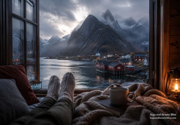 View from a cozy cabin in Reine, Norway overlooking a peaceful fjord, dramatic mountains, and calm Nordic waters, creating a soothing and emotionally restorative travel experience.