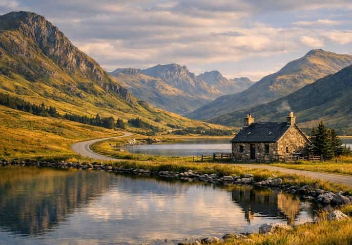  Scottish Highlands valley with stone cottage beside reflective loch, winding road, and golden daylight over rugged green mountains