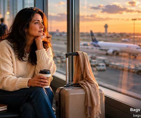 Woman sitting alone at an airport window during sunrise, reflecting on life and healing through solo travel after divorce.