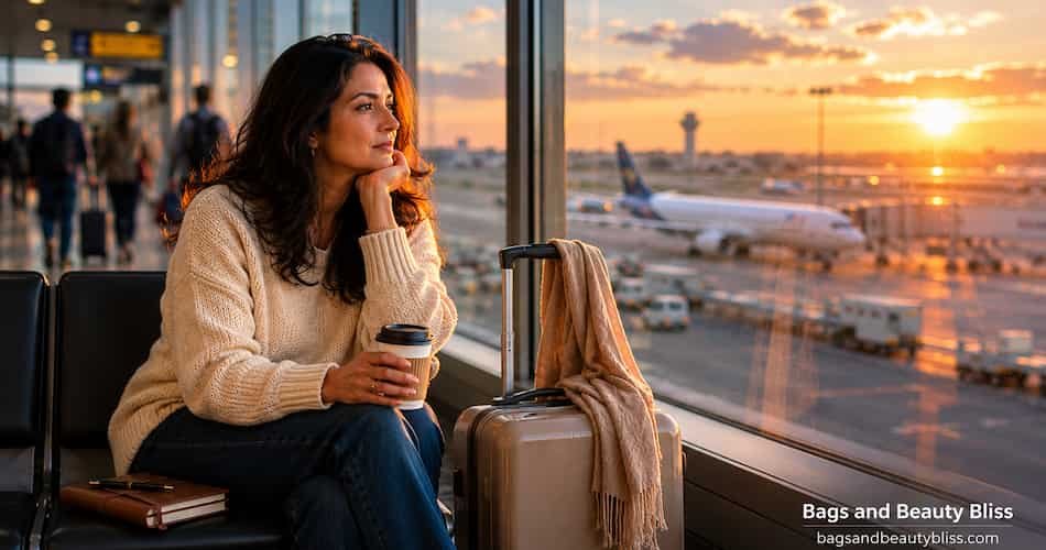 Woman sitting alone at an airport window during sunrise, reflecting on life and healing through solo travel after divorce.
