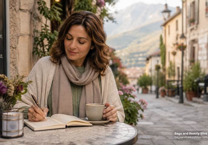 A woman in her 40s sits at a charming mountain town café, writing in a journal while enjoying a warm drink during a solo travel journey focused on healing, self-discovery, and rebuilding confidence after divorce.