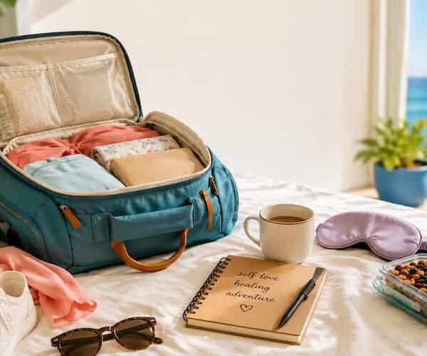 Solo retreat essentials, including a backpack, journal, skincare, reusable water bottle, Kindle, power bank, passport, and walking shoes, neatly packed for a wellness retreat.