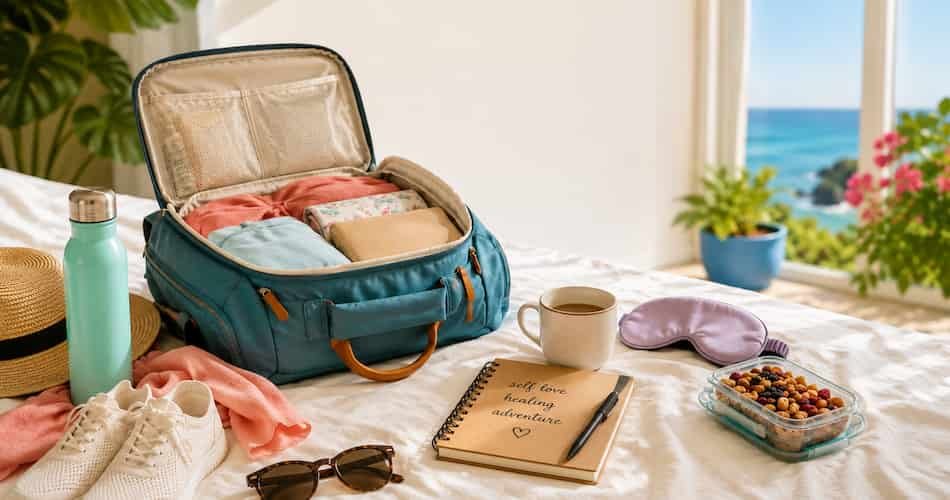 Solo retreat essentials, including a backpack, journal, skincare, reusable water bottle, Kindle, power bank, passport, and walking shoes, neatly packed for a wellness retreat.