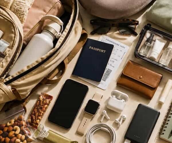 Flat lay of airport bag essentials including a backpack, passport, travel beauty kit, power bank, phone, snacks, notebook, and carry-on travel accessories.