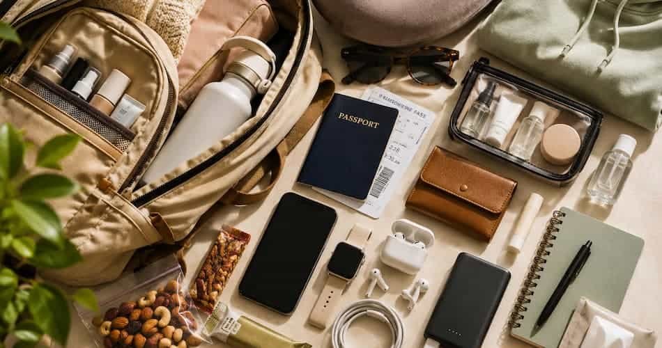 Flat lay of airport bag essentials including a backpack, passport, travel beauty kit, power bank, phone, snacks, notebook, and carry-on travel accessories.