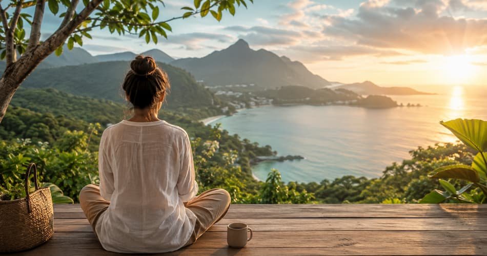 Woman relaxing on a scenic deck overlooking mountains and the sea during a wellness trip