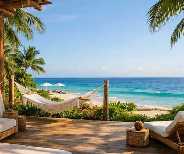 Sunlit tropical healing retreat with hammock and lounge chairs on a wooden deck overlooking turquoise ocean and palm trees