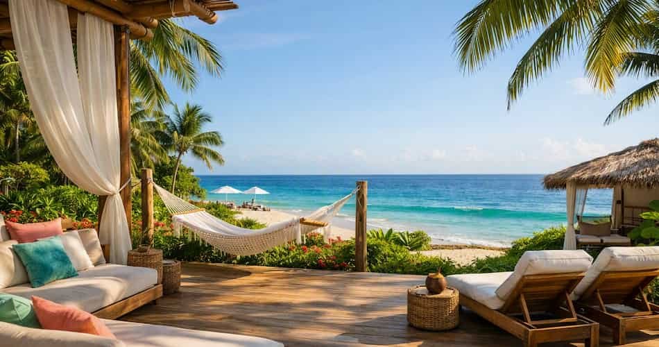 Sunlit tropical healing retreat with hammock and lounge chairs on a wooden deck overlooking turquoise ocean and palm trees