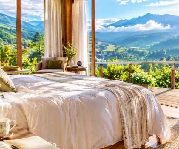 Bright mountain retreat bedroom with white bedding, tea and journal overlooking a green valley.