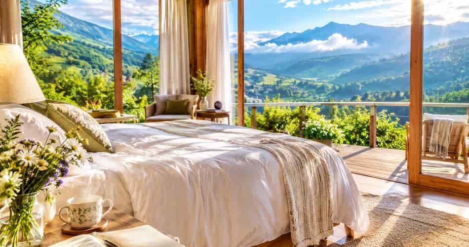 Bright mountain retreat bedroom with white bedding, tea and journal overlooking a green valley.