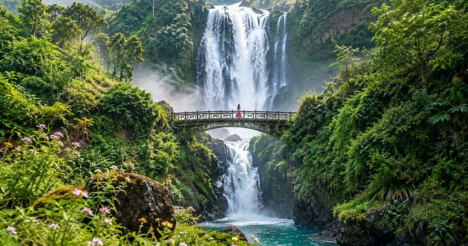 Woman on a bridge overlooking a waterfall during a peaceful digital detox travel escape