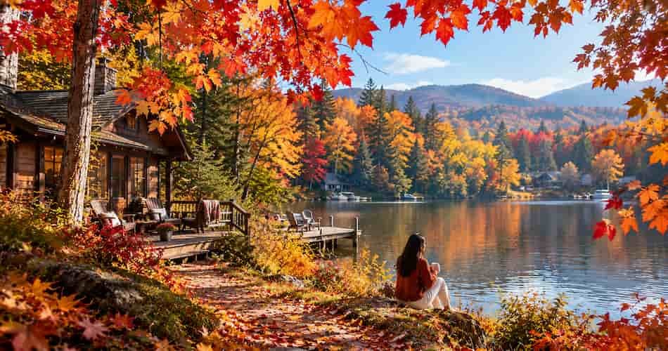 A peaceful autumn retreat beside a lake, featuring a rustic wooden cabin, vibrant red, orange, and golden maple leaves, and a woman enjoying the colourful fall scenery.