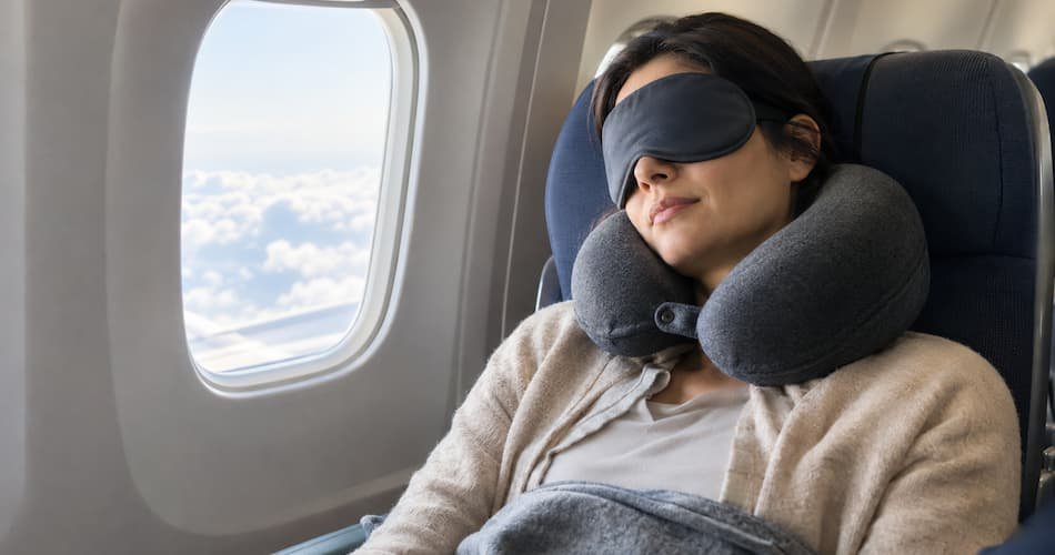 A woman sleeping peacefully with an eye mask and neck pillow on flight. She is through with tips that help explain how to sleep better on long-haul flights.