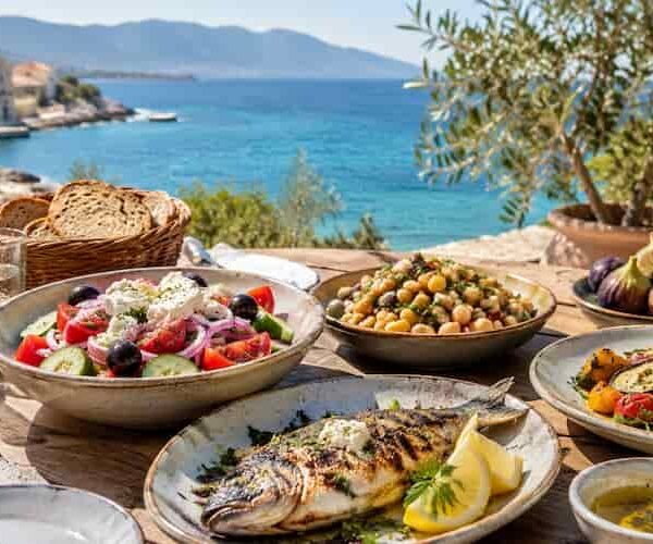 Mediterranean meal with Greek salad, grilled fish, chickpeas, roasted vegetables and olive oil overlooking the sea.