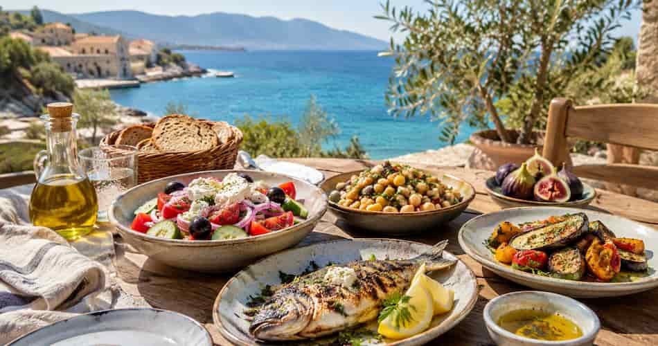 Mediterranean meal with Greek salad, grilled fish, chickpeas, roasted vegetables and olive oil overlooking the sea.